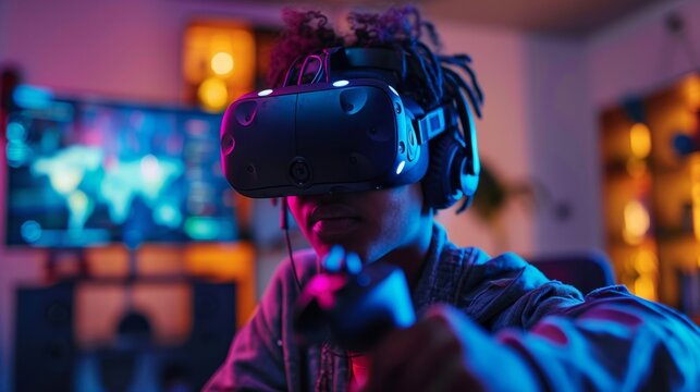 Young gamer experiences an immersive virtual reality adventure with headset and controllers in a vibrant gaming room