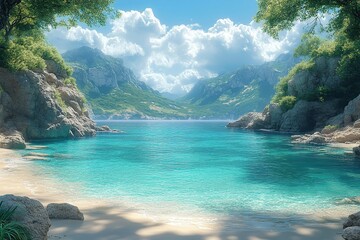 Fototapeta premium Stunning tropical coastline with crystal clear water and majestic mountains in background