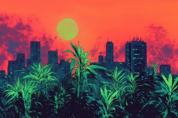 A vibrant cityscape is seen behind lush green foliage plants