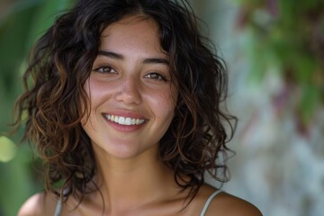 Fototapeta premium Young Mexican woman with curly hair smiling in a natural setting, radiating joy and warmth during the day