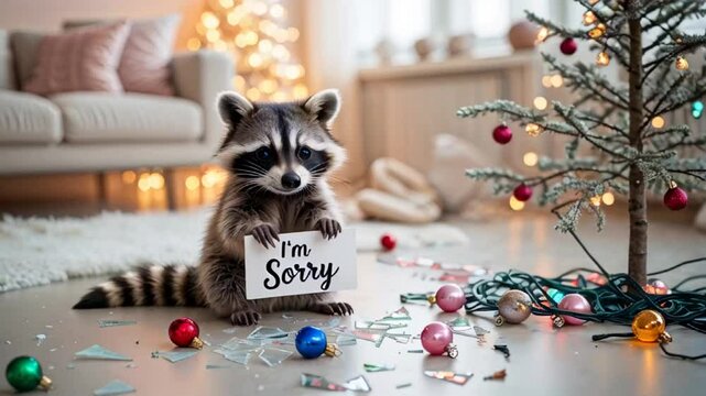 cute guilty raccoon, scattered balls, tree in the room with a sign saying I'm sorry