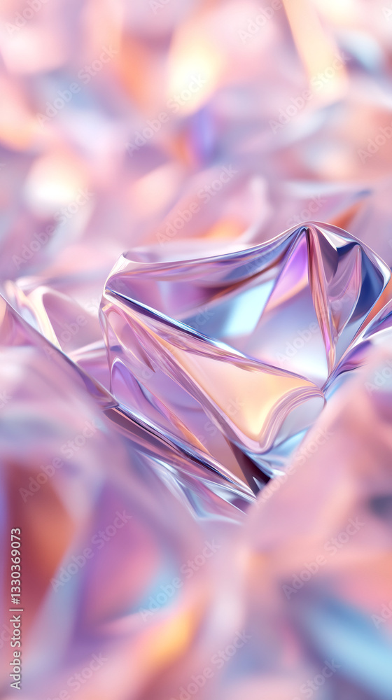 Poster Iridescent crystal surface refracting softly blended pastel colors, generating ethereal geometric light pattern