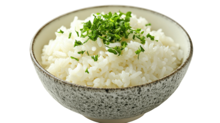 Freshly cooked white rice garnished with chopped herbs served in a traditional bowl