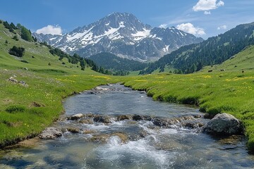 Beautiful landscape with water stream on mountains background