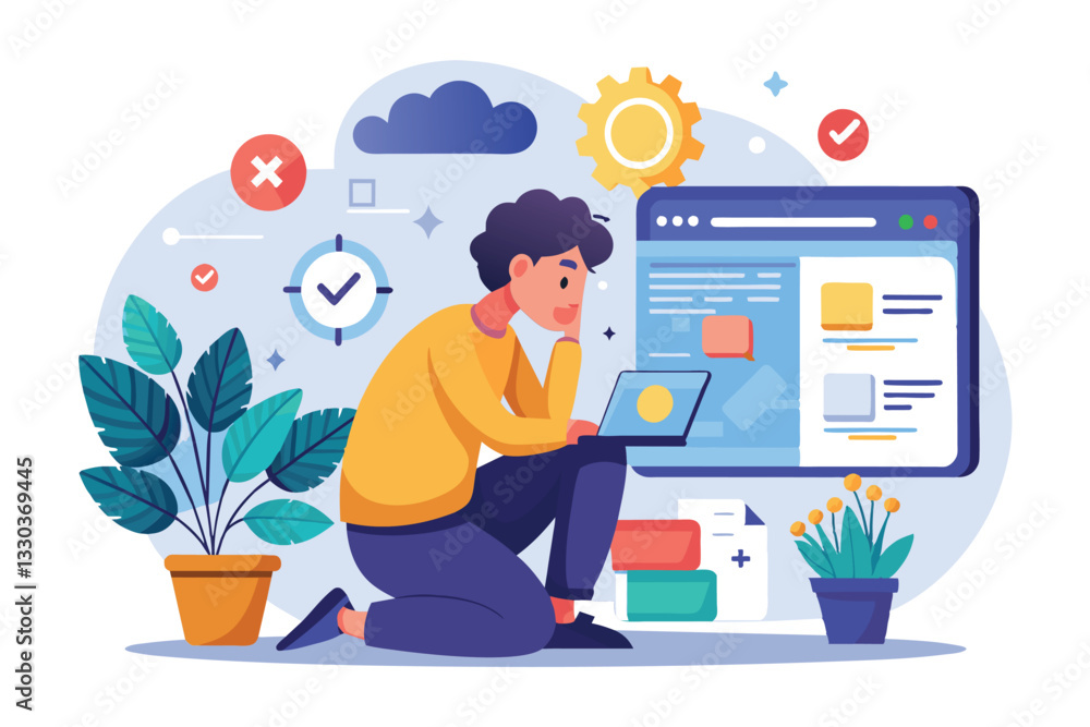 Poster a person kneels with a laptop, focused on solving network issues in a bright, organized workspace, t