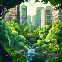 Fototapeta premium Verdant Cityscape Blends Lush Greenery With Modern Architecture Elegantly