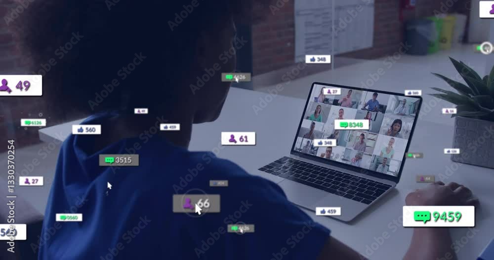 Poster using laptop for animation video conference with social media notifications overlay