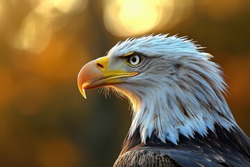 Fototapeta premium Majestic bald eagle perched gracefully, capturing the golden glow of sunset in a serene forest setting filled with autumn hues Generative AI