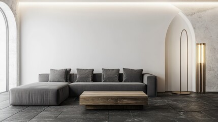 A sleek modern living room with a charcoal grey sofa and a rustic oak coffee table