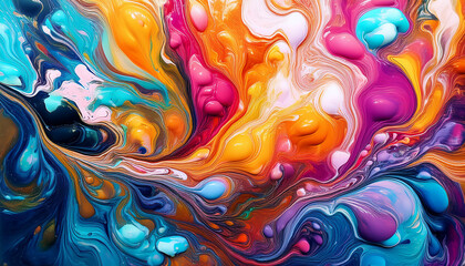 Fototapeta premium Vibrant Abstract Liquid Paint Background - Colorful Swirls and Blobs in Blue, Orange, Pink Create Dynamic Fluid Art Texture or Marbled Pattern