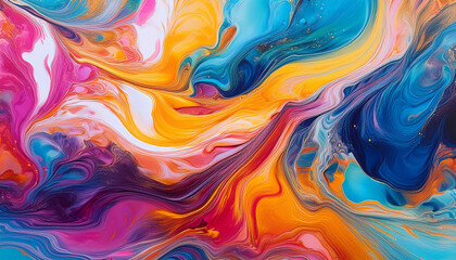 Vibrant Abstract Liquid Paint Background - Colorful Swirls and Blobs in Blue, Orange, Pink Create Dynamic Fluid Art Texture or Marbled Pattern