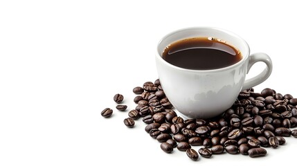 Fototapeta premium Hot coffee cup with beans isolated on white