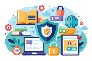 This illustration features online safety elements like books, locks, and devices for trustworthy information, Trusted Resources and Online safety, reliable sources to education,
