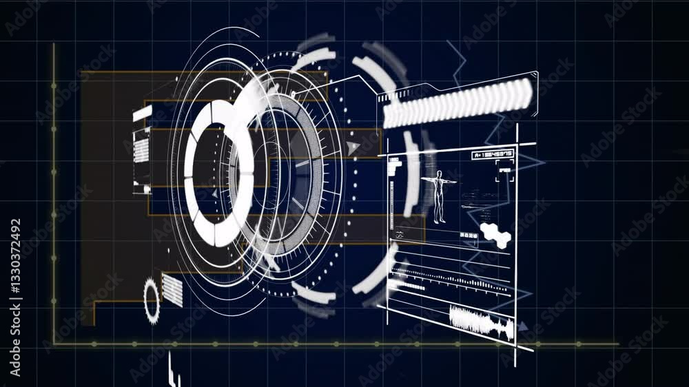 Poster rotating animation elements with futuristic digital interface and data visualization