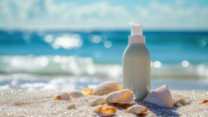 Relaxing Beach Scene with Skincare Bottle and Seashells at Shore
