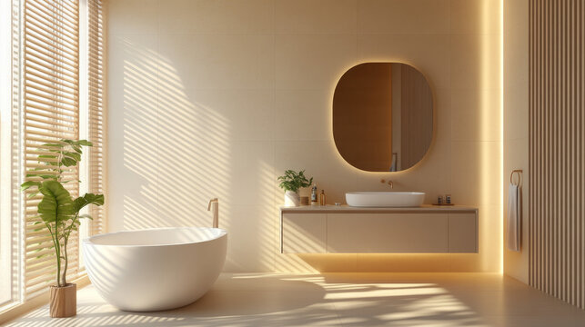 A beige minimalist bathroom with a sleek vanity, an oval mirror, a sink, a bathtub, and soft sunlight enhancing its design. 3D rendering