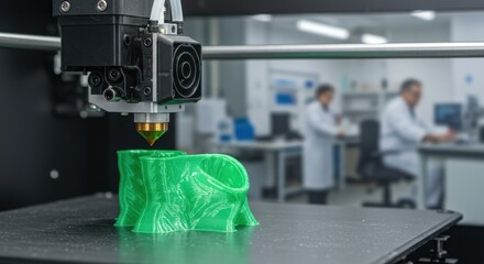 A 3D printer operates, producing a bright green model in a busy lab with scientists working