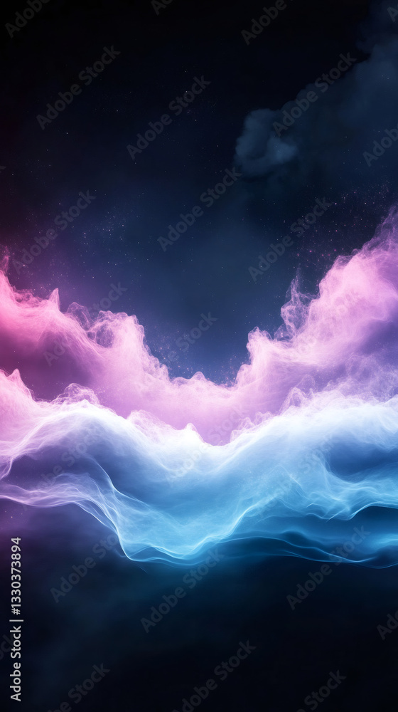 Poster swirling pink, blue abstract smoke creating ethereal wave patterns against starry dark background, b