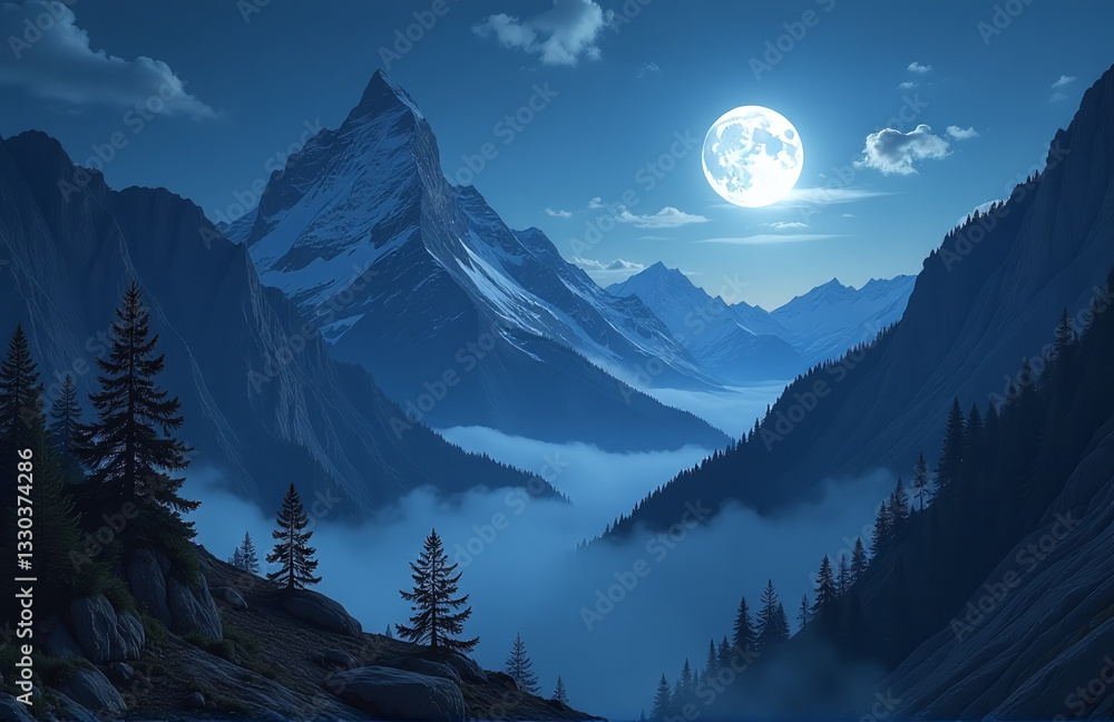 Poster a serene and mystical mountain landscape is depicted, surrounded by cliffs, illuminated by the encha