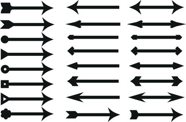 Set of an arrow collection. A diverse assortment of black arrows in various styles, directions, and designs, is arranged. It is perfect for highlighting direction, and movement. Symbolic illustration