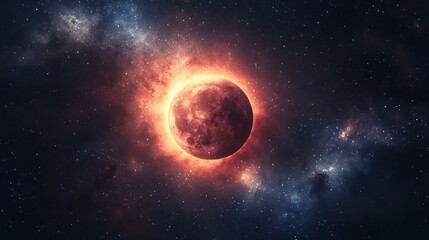 Fiery celestial body, glowing red orb in space, surrounded by nebulae, stars, and cosmic dust.
