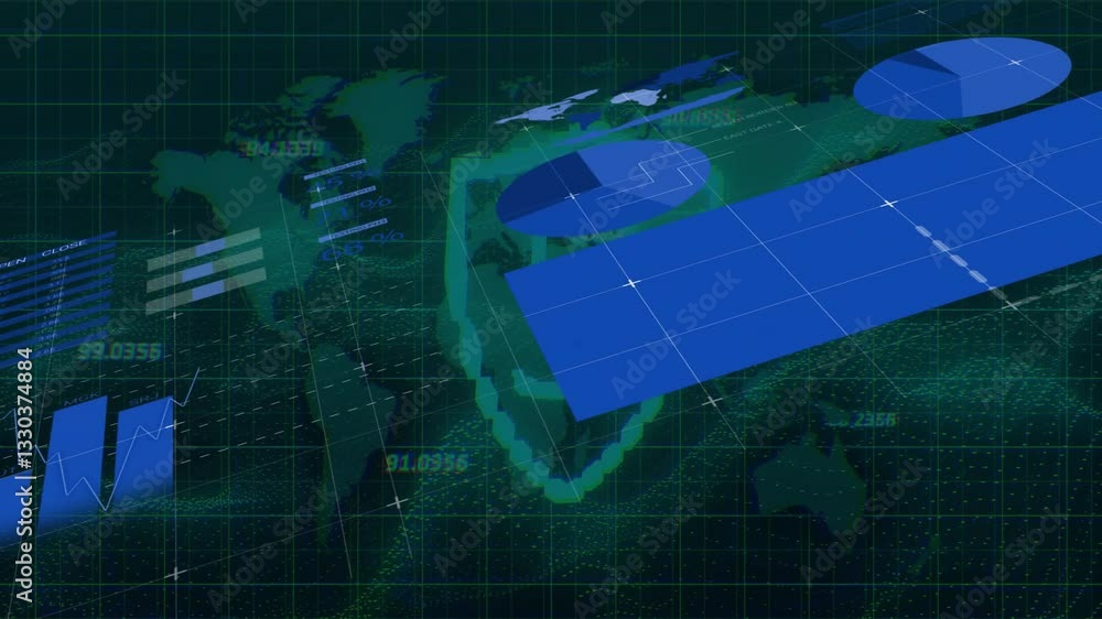 Poster animation of blue geometric shapes and data charts over world map background