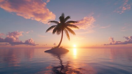 Serene Sunrise Over Isolated Palm Tree in Tranquil Ocean Setting