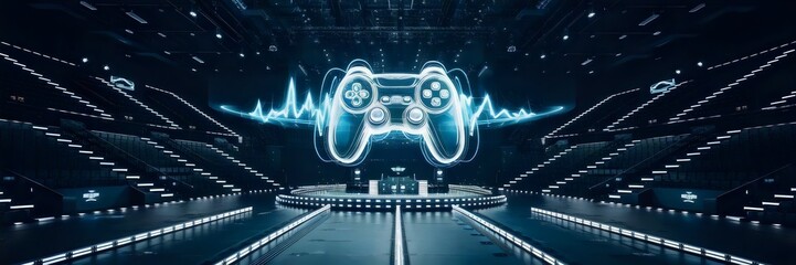 High-resolution photo of empty futuristic gaming arena with glowing controller – Perfect for competitive gaming, esports promotions, or technology-focused events.
