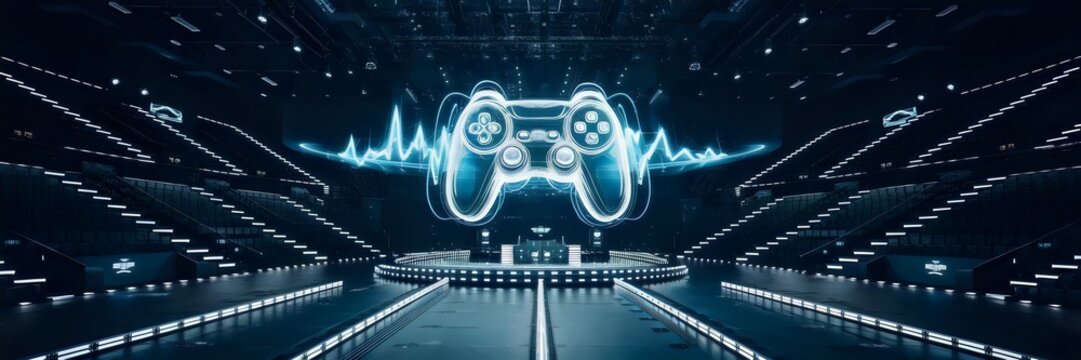 High-resolution photo of empty futuristic gaming arena with glowing controller – Perfect for competitive gaming, esports promotions, or technology-focused events.