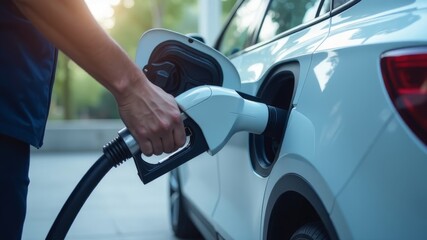 an electric car is charged at a special charging station with electricity
