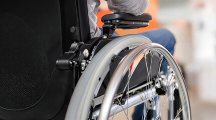 A detailed close-up view of a modern wheelchair wheel, showcasing its precision engineering with chrome spokes, rubber tire, and sleek metallic rim. The image highlights mobility equipment