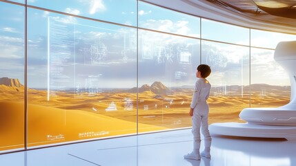 A child in a futuristic space station gazes at an alien mountain landscape, symbolizing exploration and the future. Sci-fi cinematic style. AI Generated