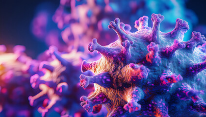 Vibrant Microscopic Illustration of Coronavirus (COVID-19 / SARS-CoV-2) - Detailed 3D Render in Purple, Pink, and Blue Tones for Medical, Science, and Healthcare Concepts