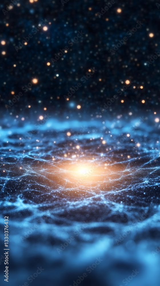 Poster glowing particles forming a wavy surface under a starry sky, creating an abstract and futuristic lan
