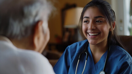 A home health care worker assists an elderly woman in her home / Healthcare aide / Medical assistant
