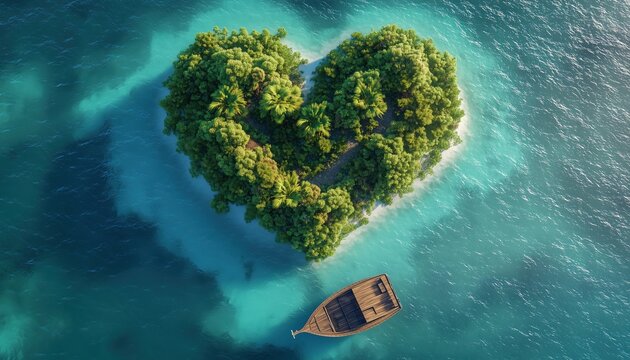 Aerial View Of A Boat Anchored At A Heart-Shaped Island. This Is A Computer-Generated Image Showing A Scenic Landscape.
