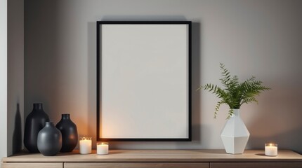 Blank Frame Mockup on Table with Plant and Candles in Interior