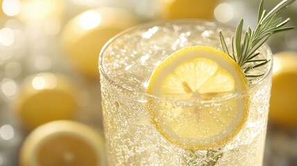 Refreshing lemonade drink with sliced lemon and rosemary on a sunny day