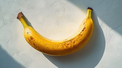 Ripe banana on textured white surface, sunlight highlights, food photography