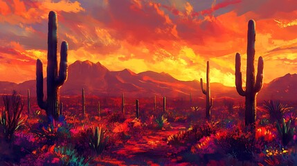 Desert Sunset Saguaro silhouette, vibrant sky