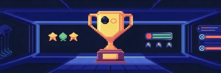 Pixel art golden gaming trophy with joystick, pixelated stars, and leaderboard – Perfect for retro gaming promotions, esports achievements, or arcade-themed graphics.