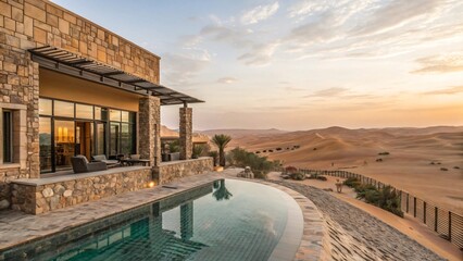 Fototapeta premium Luxury Desert Villa with Infinity Pool and Sand Dune Views - Arid Landscape Retreat