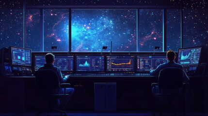 Space station control room view of nebula