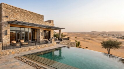 Fototapeta premium Luxury Desert Villa with Infinity Pool and Sand Dune Views - Arid Landscape Retreat