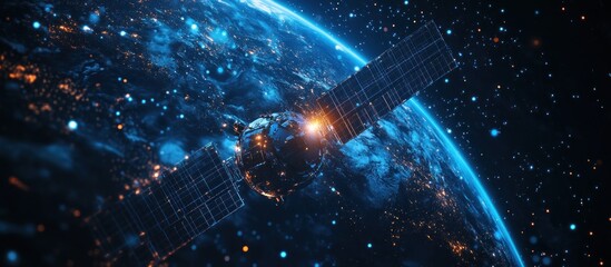 Satellite orbiting Earth with city lights visible.