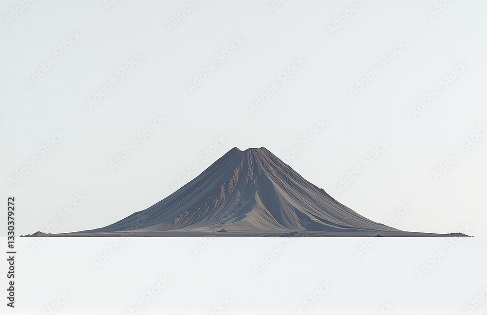 Poster a lone volcano stands isolated in a vast white space, symbolizing the raw power of nature against an