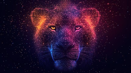 Abstract lion head, digital art, futuristic, cosmic background