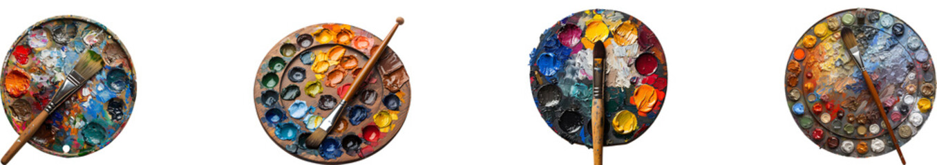 Art palette with paint brush for painting on transparent background collection set