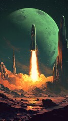 Obraz premium A rocket ship launching from a futuristic landscape toward a green moon