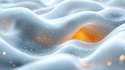 Abstract flowing waves, light orange center, silver particles, digital art
